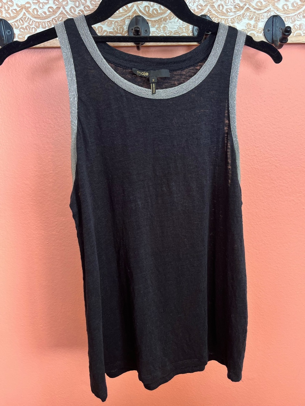 Maje black linen tank with silver beaded trim